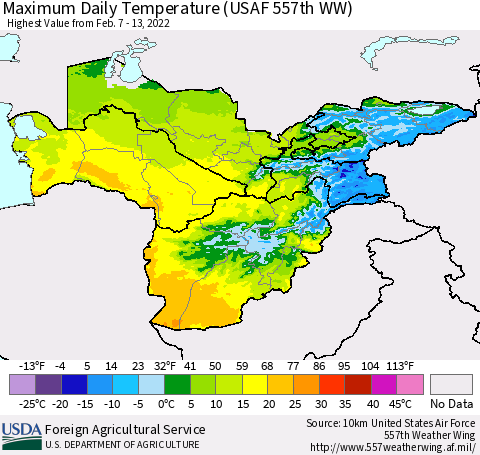 Central Asia Maximum Daily Temperature (USAF 557th WW) Thematic Map For 2/7/2022 - 2/13/2022