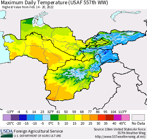 Central Asia Maximum Daily Temperature (USAF 557th WW) Thematic Map For 2/14/2022 - 2/20/2022
