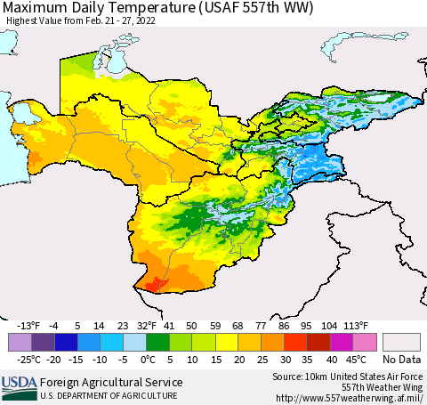 Central Asia Maximum Daily Temperature (USAF 557th WW) Thematic Map For 2/21/2022 - 2/27/2022