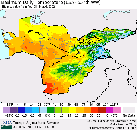 Central Asia Maximum Daily Temperature (USAF 557th WW) Thematic Map For 2/28/2022 - 3/6/2022