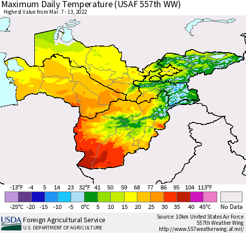 Central Asia Maximum Daily Temperature (USAF 557th WW) Thematic Map For 3/7/2022 - 3/13/2022