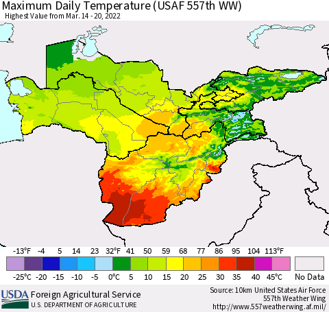 Central Asia Maximum Daily Temperature (USAF 557th WW) Thematic Map For 3/14/2022 - 3/20/2022