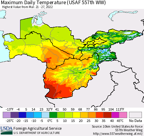 Central Asia Maximum Daily Temperature (USAF 557th WW) Thematic Map For 3/21/2022 - 3/27/2022