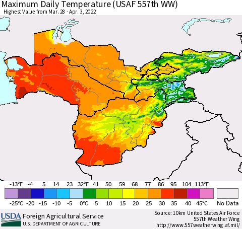 Central Asia Maximum Daily Temperature (USAF 557th WW) Thematic Map For 3/28/2022 - 4/3/2022