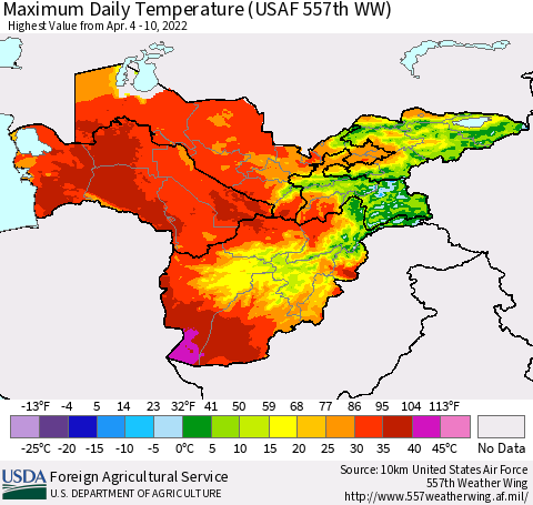 Central Asia Maximum Daily Temperature (USAF 557th WW) Thematic Map For 4/4/2022 - 4/10/2022