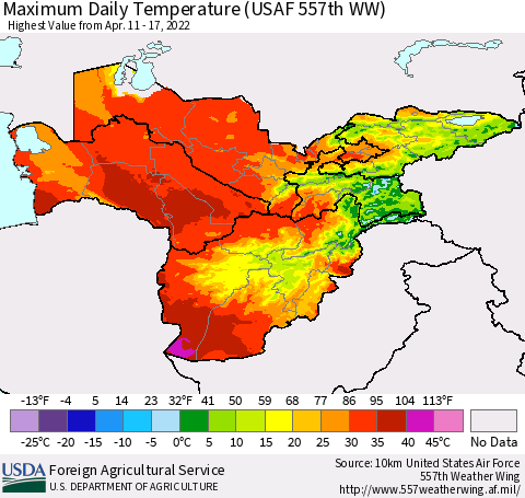 Central Asia Maximum Daily Temperature (USAF 557th WW) Thematic Map For 4/11/2022 - 4/17/2022