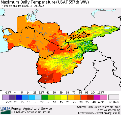 Central Asia Maximum Daily Temperature (USAF 557th WW) Thematic Map For 4/18/2022 - 4/24/2022