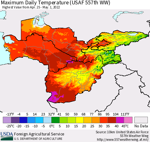 Central Asia Maximum Daily Temperature (USAF 557th WW) Thematic Map For 4/25/2022 - 5/1/2022