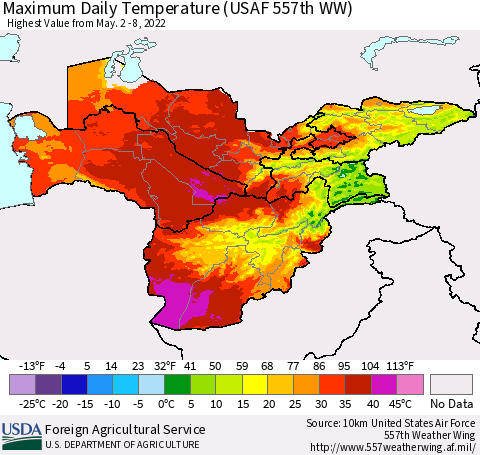 Central Asia Maximum Daily Temperature (USAF 557th WW) Thematic Map For 5/2/2022 - 5/8/2022