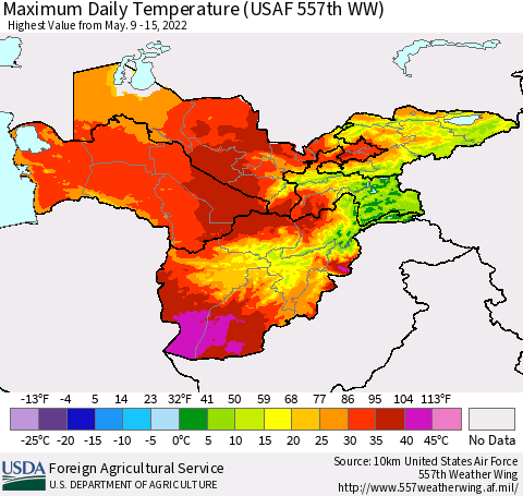 Central Asia Maximum Daily Temperature (USAF 557th WW) Thematic Map For 5/9/2022 - 5/15/2022