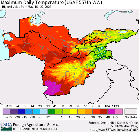 Central Asia Maximum Daily Temperature (USAF 557th WW) Thematic Map For 5/16/2022 - 5/22/2022