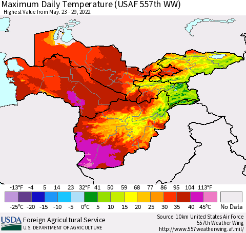 Central Asia Maximum Daily Temperature (USAF 557th WW) Thematic Map For 5/23/2022 - 5/29/2022