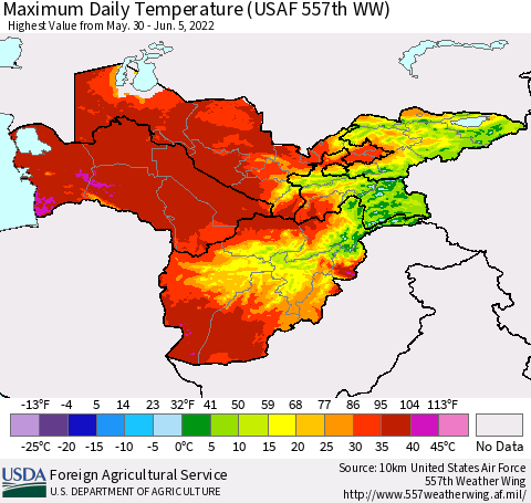 Central Asia Maximum Daily Temperature (USAF 557th WW) Thematic Map For 5/30/2022 - 6/5/2022