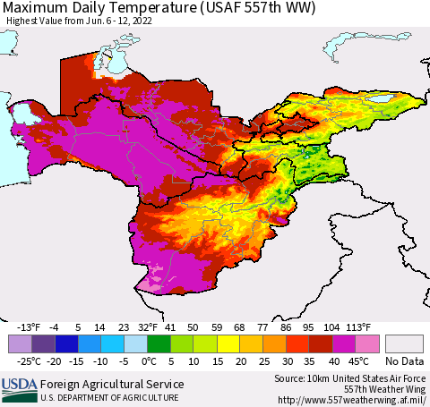 Central Asia Maximum Daily Temperature (USAF 557th WW) Thematic Map For 6/6/2022 - 6/12/2022