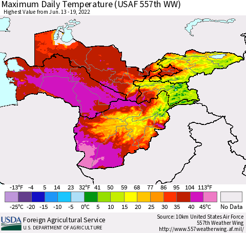 Central Asia Maximum Daily Temperature (USAF 557th WW) Thematic Map For 6/13/2022 - 6/19/2022