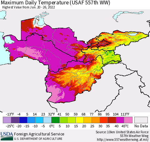 Central Asia Maximum Daily Temperature (USAF 557th WW) Thematic Map For 6/20/2022 - 6/26/2022