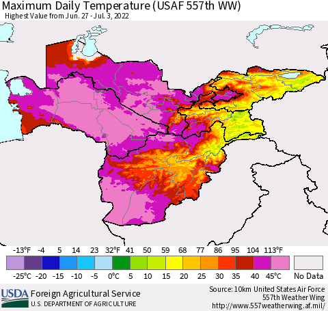 Central Asia Maximum Daily Temperature (USAF 557th WW) Thematic Map For 6/27/2022 - 7/3/2022