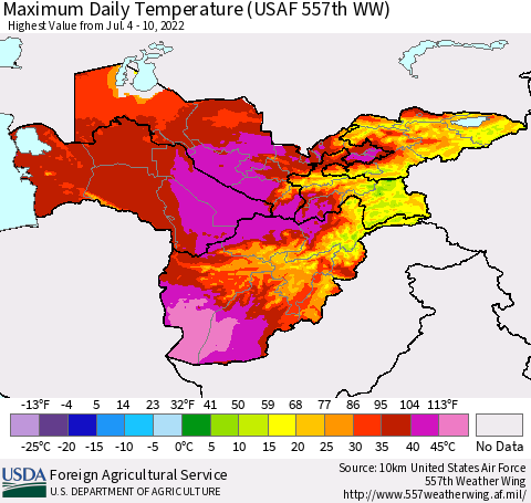 Central Asia Maximum Daily Temperature (USAF 557th WW) Thematic Map For 7/4/2022 - 7/10/2022