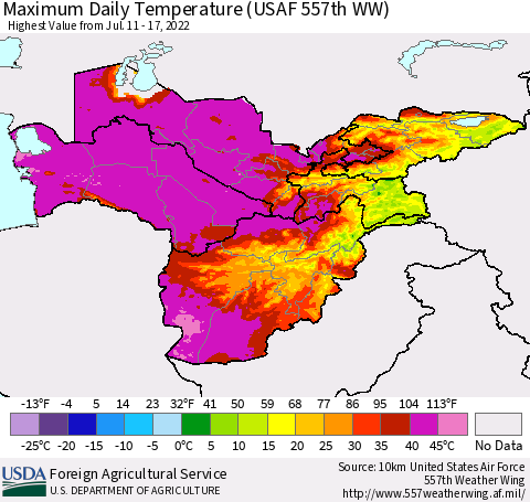 Central Asia Maximum Daily Temperature (USAF 557th WW) Thematic Map For 7/11/2022 - 7/17/2022