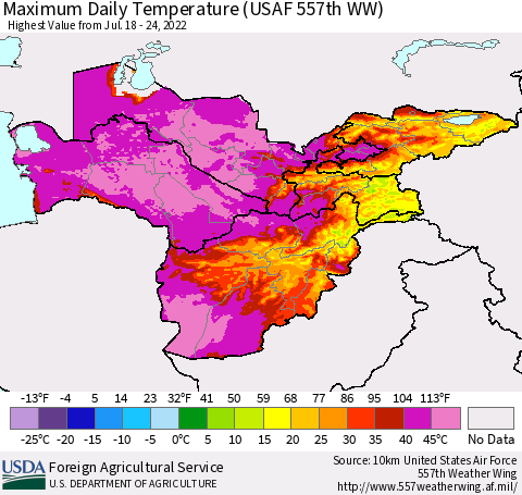Central Asia Maximum Daily Temperature (USAF 557th WW) Thematic Map For 7/18/2022 - 7/24/2022