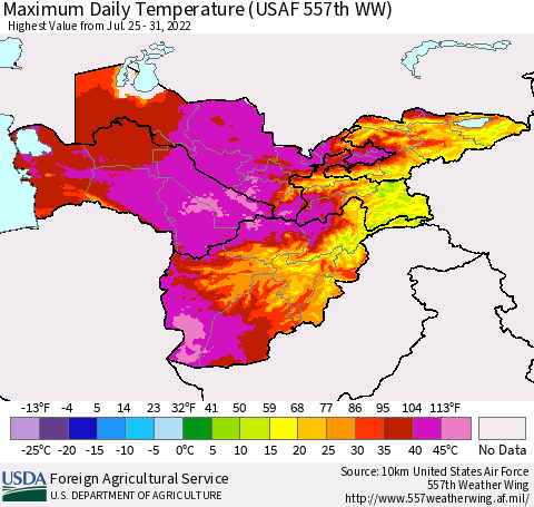 Central Asia Maximum Daily Temperature (USAF 557th WW) Thematic Map For 7/25/2022 - 7/31/2022