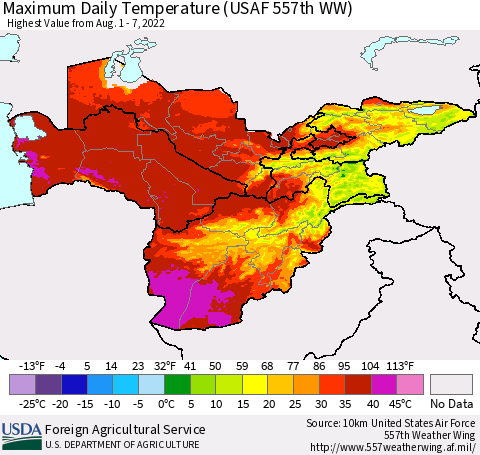 Central Asia Maximum Daily Temperature (USAF 557th WW) Thematic Map For 8/1/2022 - 8/7/2022
