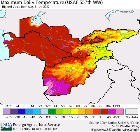 Central Asia Maximum Daily Temperature (USAF 557th WW) Thematic Map For 8/8/2022 - 8/14/2022
