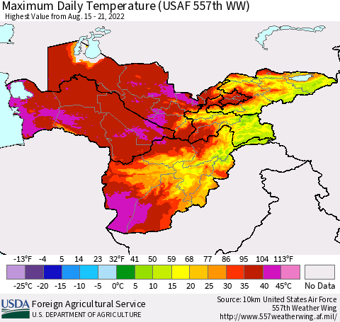 Central Asia Maximum Daily Temperature (USAF 557th WW) Thematic Map For 8/15/2022 - 8/21/2022