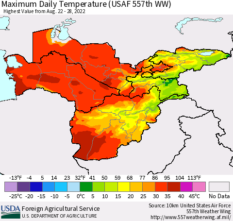 Central Asia Maximum Daily Temperature (USAF 557th WW) Thematic Map For 8/22/2022 - 8/28/2022