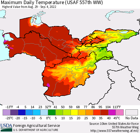Central Asia Maximum Daily Temperature (USAF 557th WW) Thematic Map For 8/29/2022 - 9/4/2022