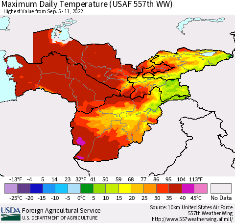 Central Asia Maximum Daily Temperature (USAF 557th WW) Thematic Map For 9/5/2022 - 9/11/2022