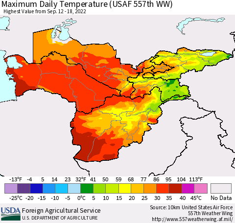 Central Asia Maximum Daily Temperature (USAF 557th WW) Thematic Map For 9/12/2022 - 9/18/2022
