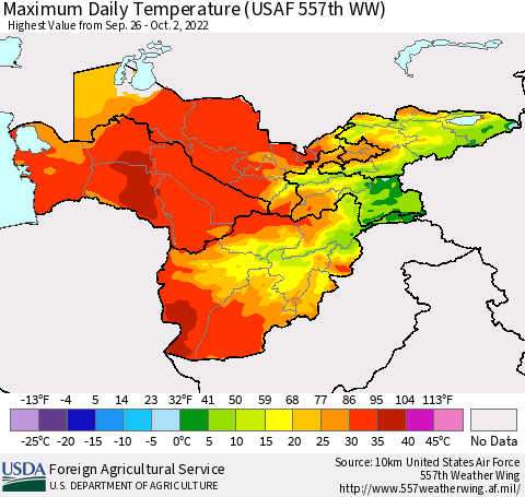 Central Asia Maximum Daily Temperature (USAF 557th WW) Thematic Map For 9/26/2022 - 10/2/2022