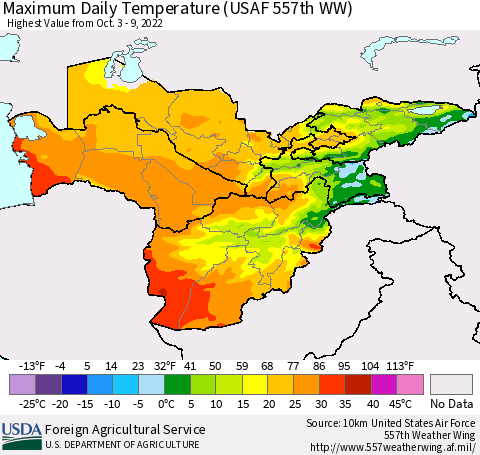 Central Asia Maximum Daily Temperature (USAF 557th WW) Thematic Map For 10/3/2022 - 10/9/2022