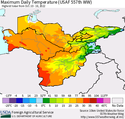 Central Asia Maximum Daily Temperature (USAF 557th WW) Thematic Map For 10/10/2022 - 10/16/2022