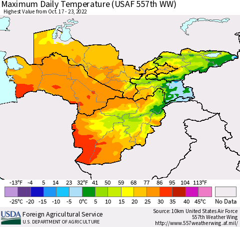 Central Asia Maximum Daily Temperature (USAF 557th WW) Thematic Map For 10/17/2022 - 10/23/2022