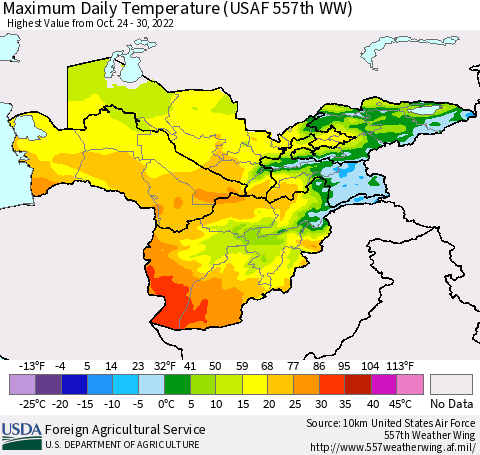 Central Asia Maximum Daily Temperature (USAF 557th WW) Thematic Map For 10/24/2022 - 10/30/2022