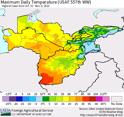 Central Asia Maximum Daily Temperature (USAF 557th WW) Thematic Map For 10/31/2022 - 11/6/2022