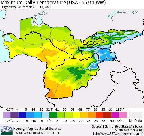 Central Asia Maximum Daily Temperature (USAF 557th WW) Thematic Map For 11/7/2022 - 11/13/2022