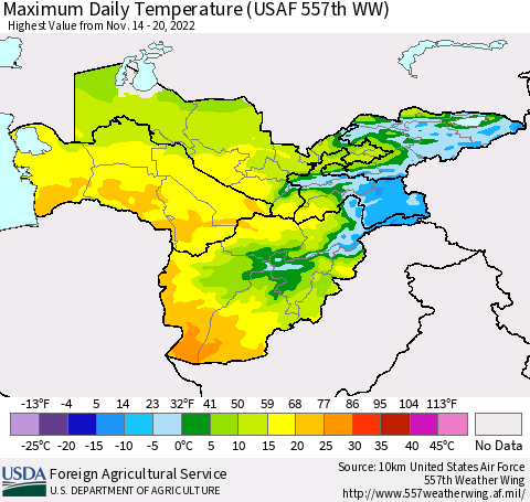 Central Asia Maximum Daily Temperature (USAF 557th WW) Thematic Map For 11/14/2022 - 11/20/2022
