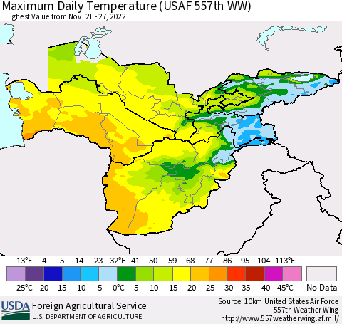 Central Asia Maximum Daily Temperature (USAF 557th WW) Thematic Map For 11/21/2022 - 11/27/2022