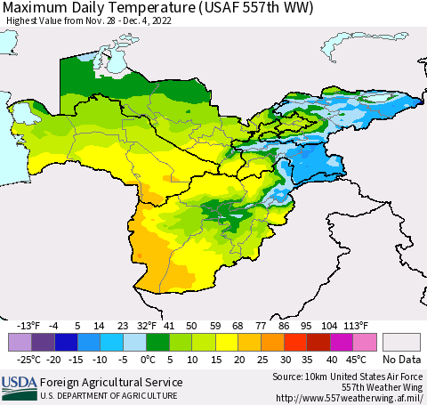 Central Asia Maximum Daily Temperature (USAF 557th WW) Thematic Map For 11/28/2022 - 12/4/2022