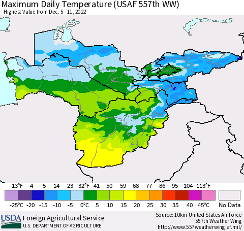 Central Asia Maximum Daily Temperature (USAF 557th WW) Thematic Map For 12/5/2022 - 12/11/2022