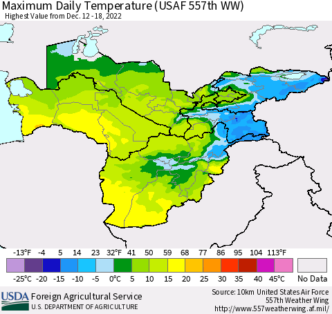 Central Asia Maximum Daily Temperature (USAF 557th WW) Thematic Map For 12/12/2022 - 12/18/2022