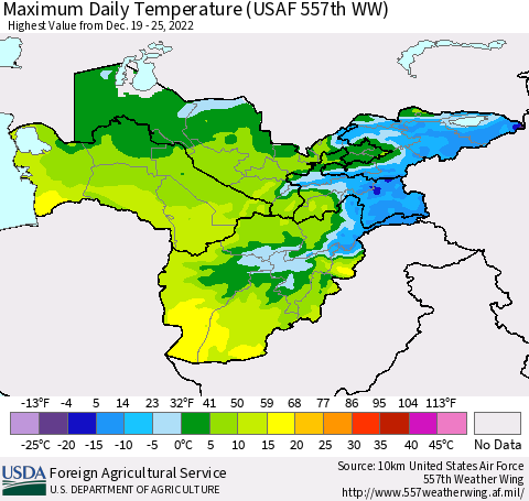 Central Asia Maximum Daily Temperature (USAF 557th WW) Thematic Map For 12/19/2022 - 12/25/2022