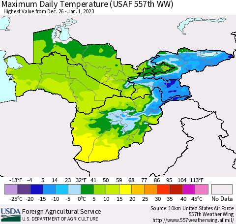 Central Asia Maximum Daily Temperature (USAF 557th WW) Thematic Map For 12/26/2022 - 1/1/2023