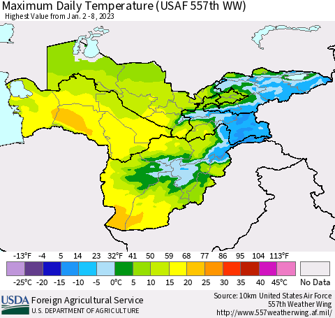 Central Asia Maximum Daily Temperature (USAF 557th WW) Thematic Map For 1/2/2023 - 1/8/2023