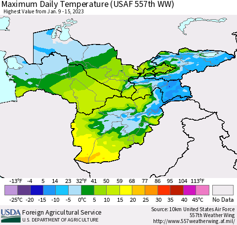 Central Asia Maximum Daily Temperature (USAF 557th WW) Thematic Map For 1/9/2023 - 1/15/2023