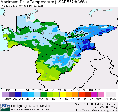 Central Asia Maximum Daily Temperature (USAF 557th WW) Thematic Map For 1/16/2023 - 1/22/2023