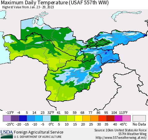 Central Asia Maximum Daily Temperature (USAF 557th WW) Thematic Map For 1/23/2023 - 1/29/2023
